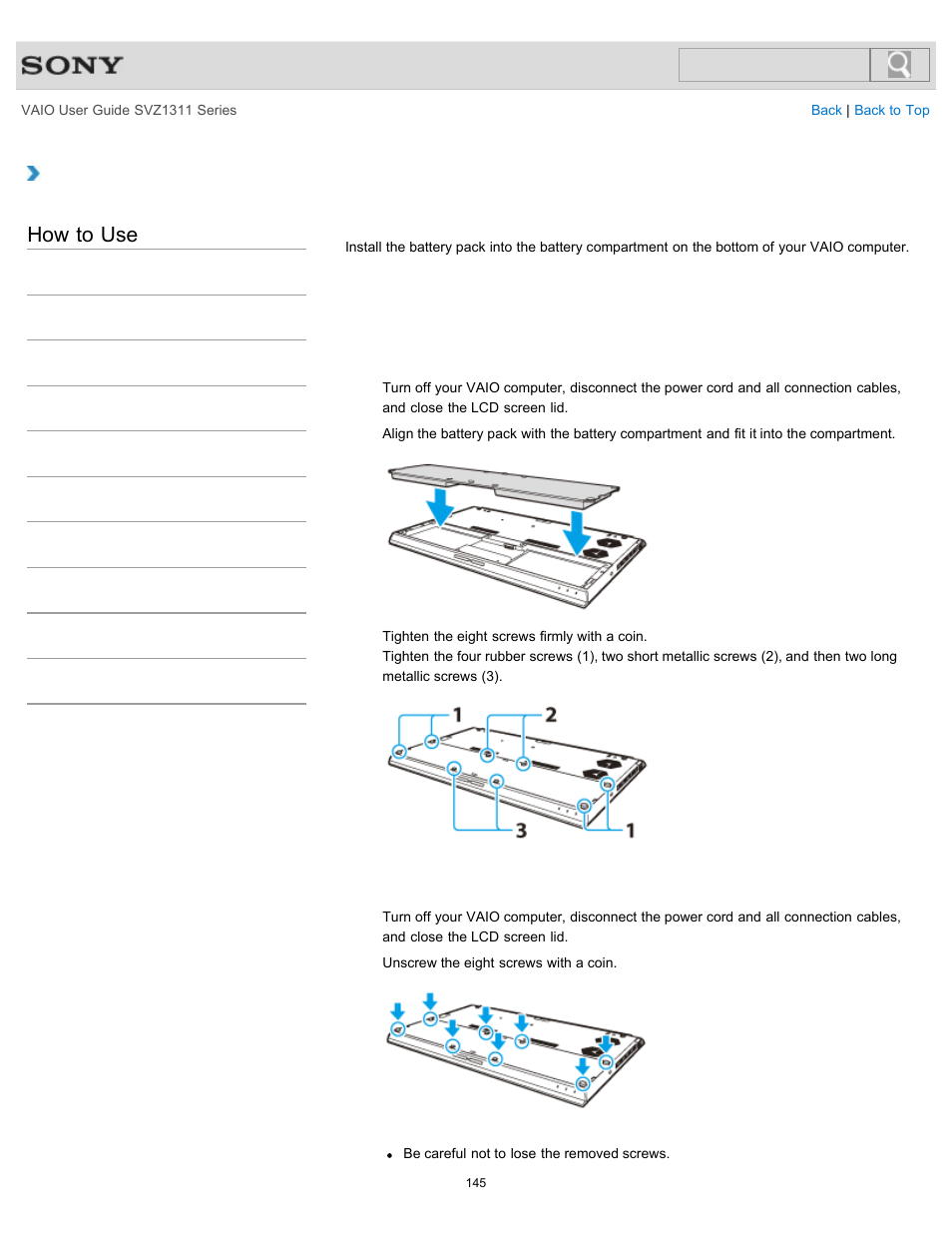 Installing/removing the battery pack, Details, How to use | Sony SVZ13116GXX User Manual | Page 145 / 411