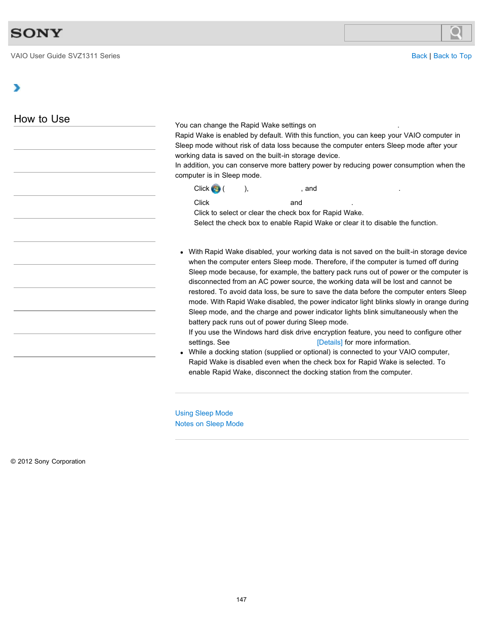 Changing the rapid wake (sleep mode) settings, How to use | Sony SVZ13116GXX User Manual | Page 147 / 411