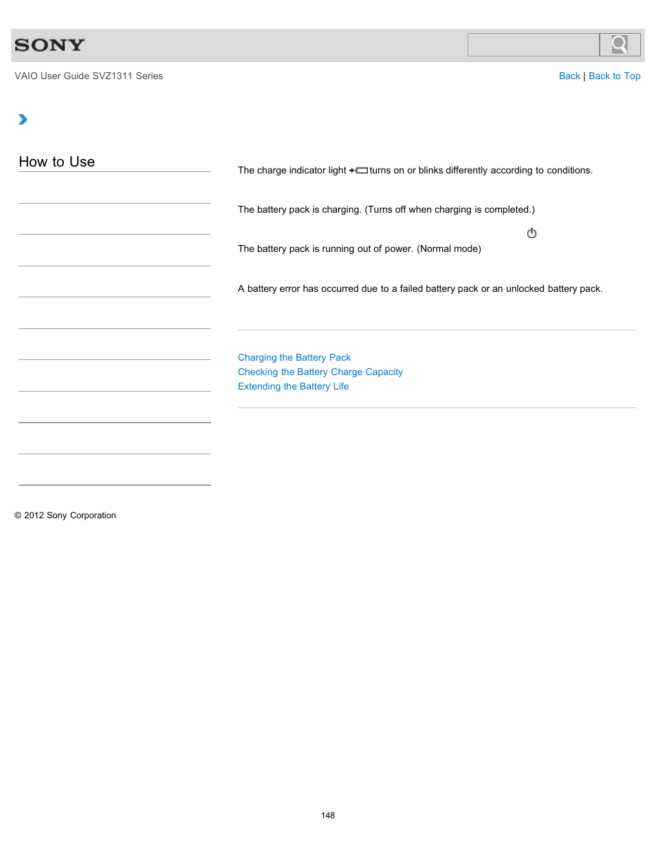 Charge indicator status list, Details, How to use | Sony SVZ13116GXX User Manual | Page 148 / 411