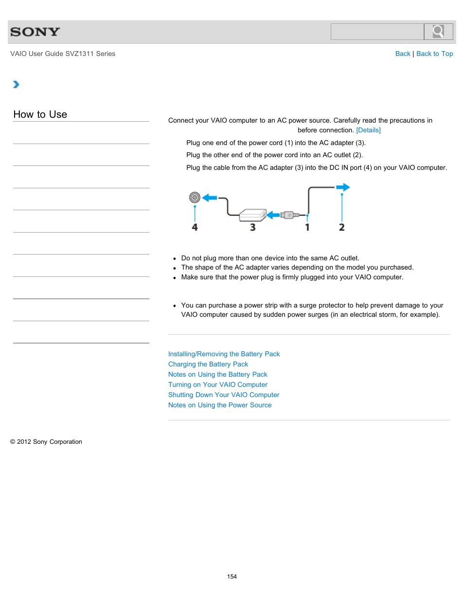 Connecting a power source, Details, How to use | Sony SVZ13116GXX User Manual | Page 154 / 411