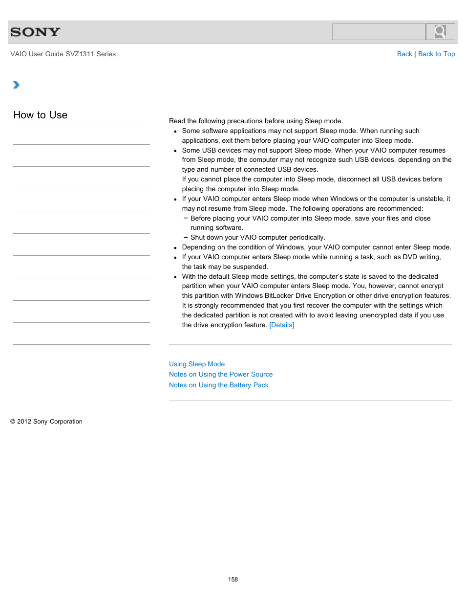 Notes on sleep mode, Details, How to use | Sony SVZ13116GXX User Manual | Page 158 / 411