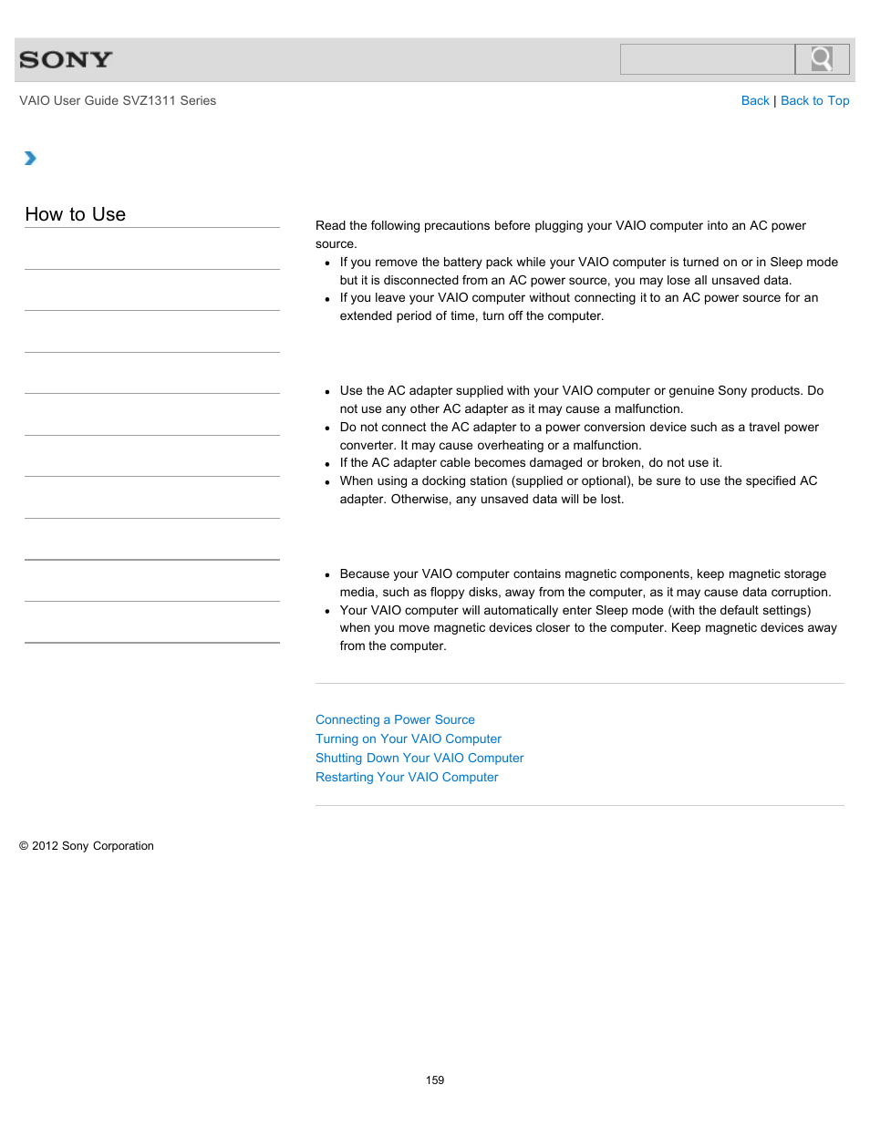 Notes on using the power source, Details, How to use | Sony SVZ13116GXX User Manual | Page 159 / 411