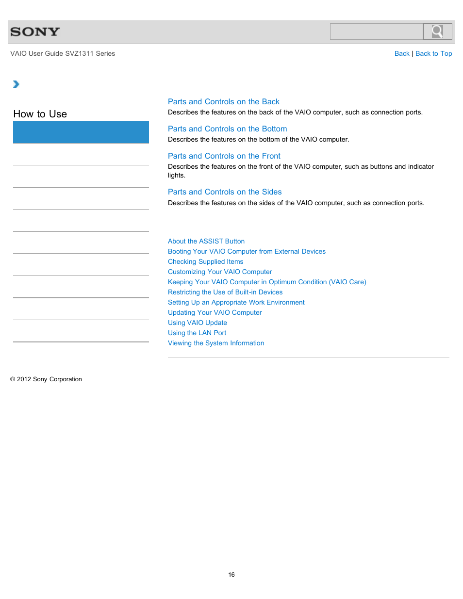 Vaio computer, How to use | Sony SVZ13116GXX User Manual | Page 16 / 411