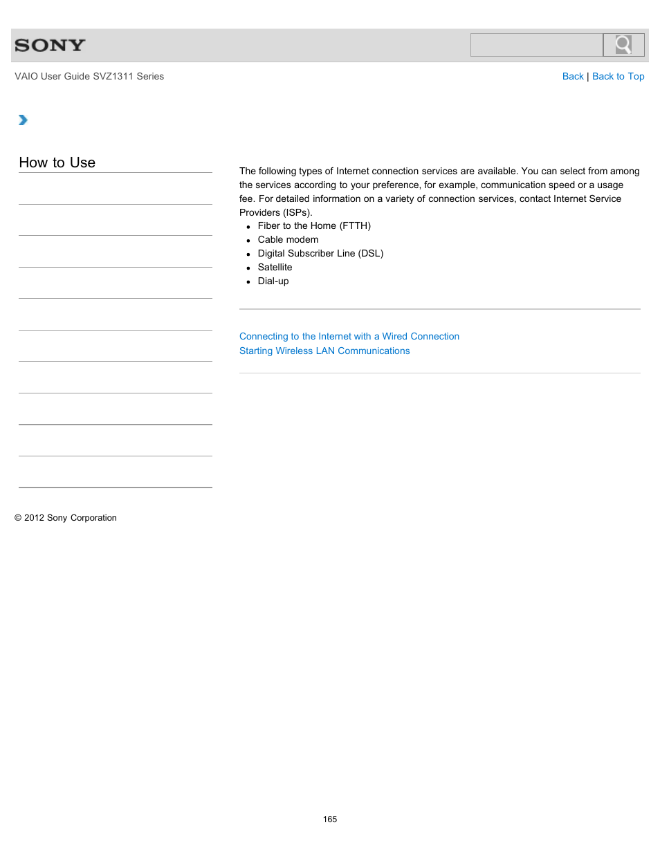 About the internet connection services, How to use | Sony SVZ13116GXX User Manual | Page 165 / 411