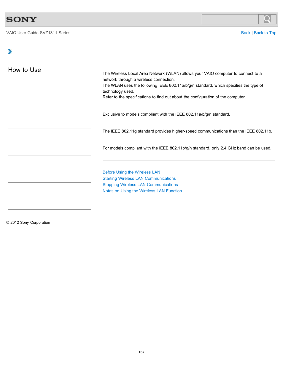 About the wireless lan standards, How to use | Sony SVZ13116GXX User Manual | Page 167 / 411