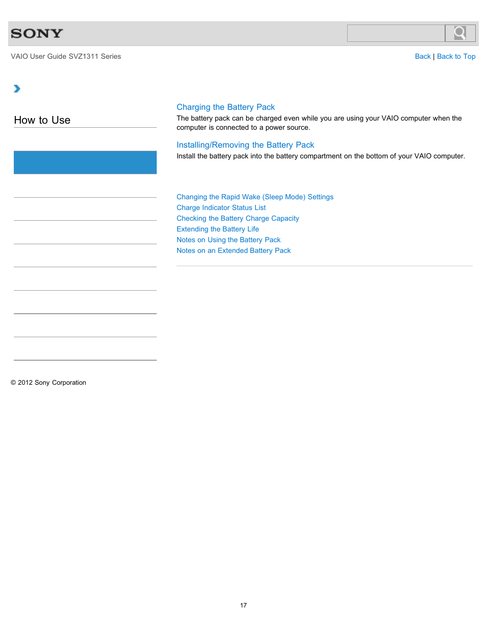 Battery, How to use | Sony SVZ13116GXX User Manual | Page 17 / 411