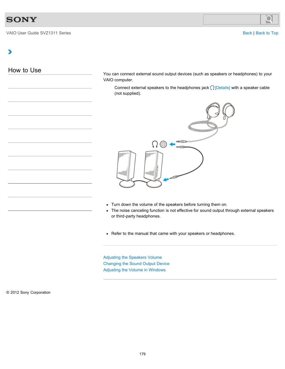 Connecting external speakers or headphones, Details, How to use | Sony SVZ13116GXX User Manual | Page 179 / 411