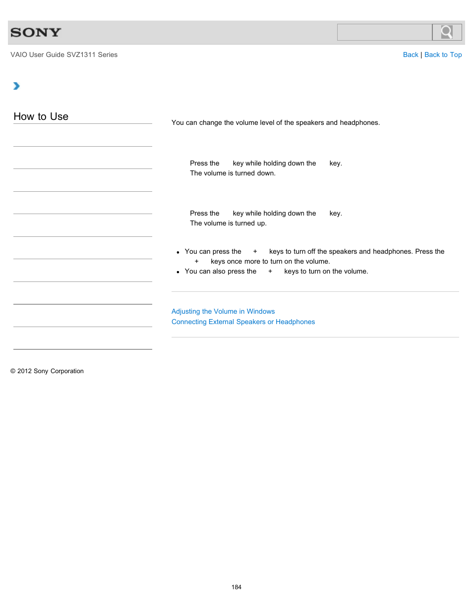 Adjusting the speakers volume, Details, How to use | Sony SVZ13116GXX User Manual | Page 184 / 411