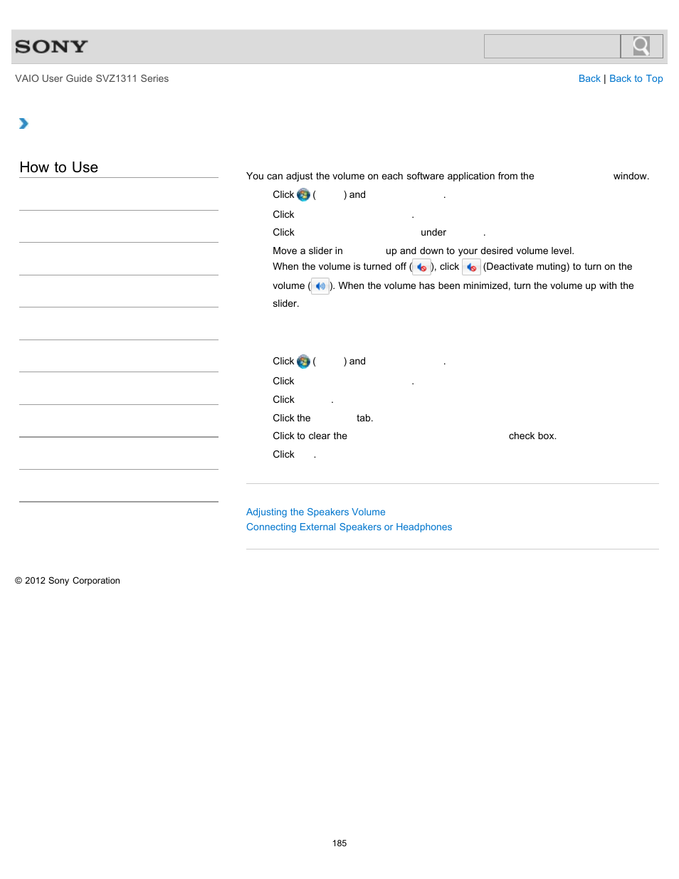 Adjusting the volume in windows, How to use | Sony SVZ13116GXX User Manual | Page 185 / 411