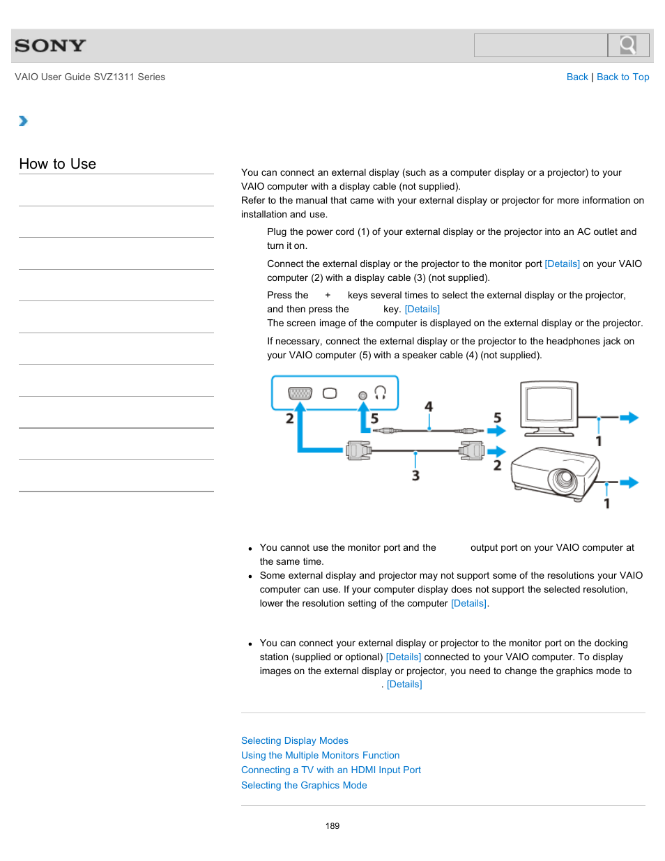 Connecting an external display or projector, Details, How to use | Sony SVZ13116GXX User Manual | Page 189 / 411