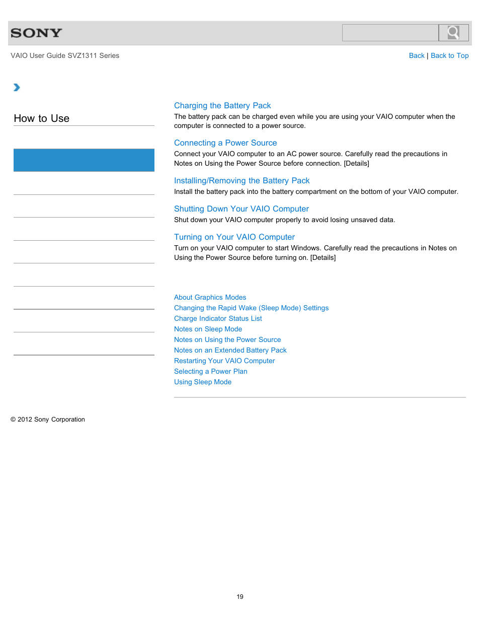 Power, How to use | Sony SVZ13116GXX User Manual | Page 19 / 411