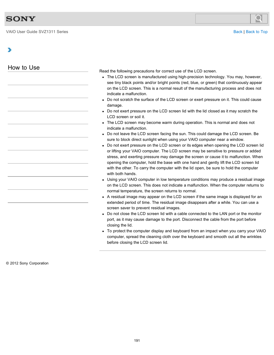 Notes on the lcd screen, How to use | Sony SVZ13116GXX User Manual | Page 191 / 411