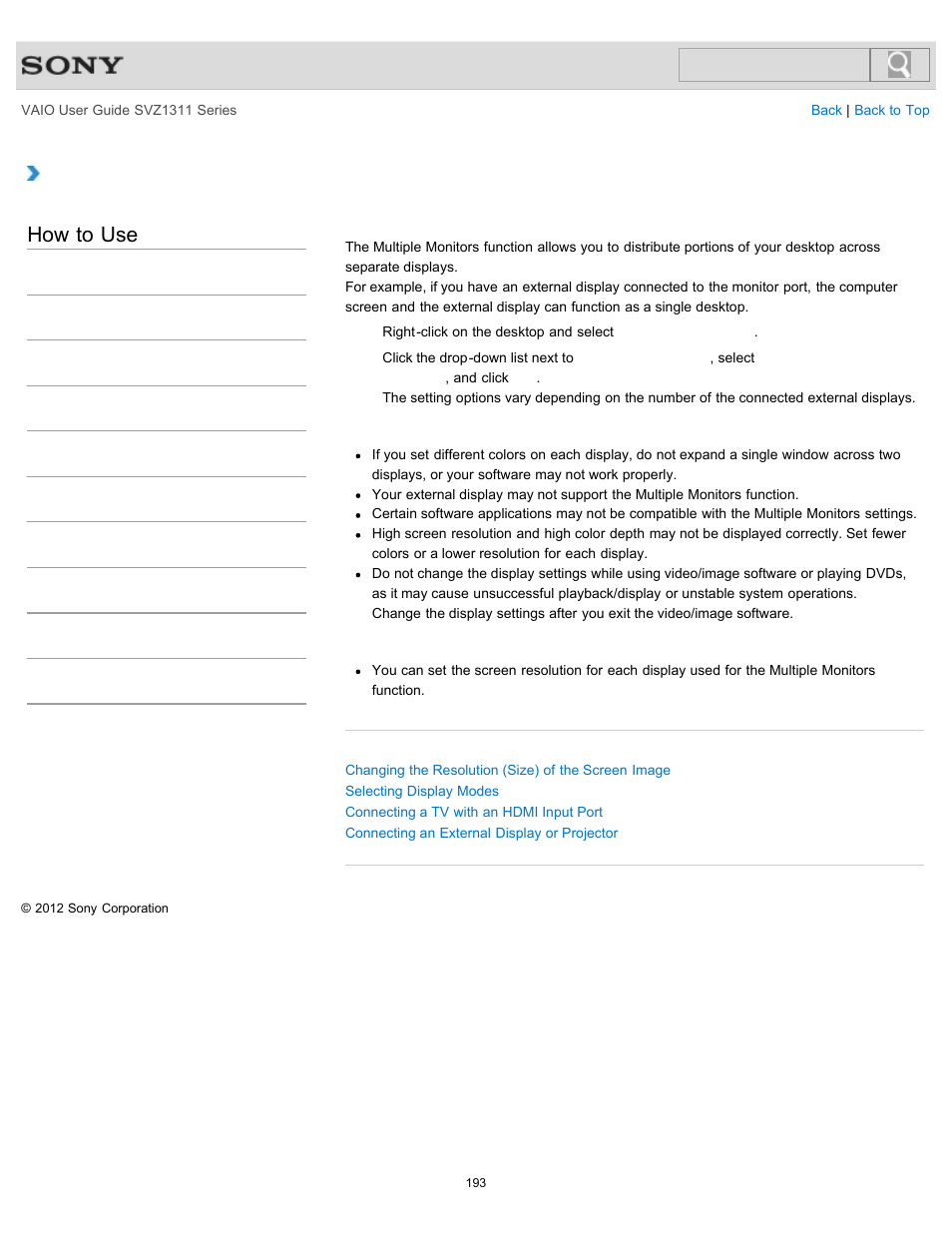 Using the multiple monitors function, How to use | Sony SVZ13116GXX User Manual | Page 193 / 411