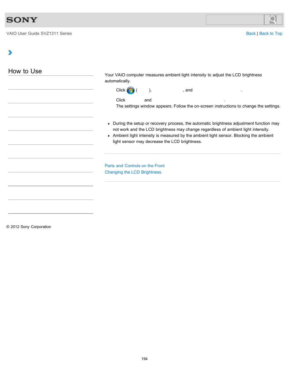 Adjusting the lcd brightness automatically, How to use | Sony SVZ13116GXX User Manual | Page 194 / 411