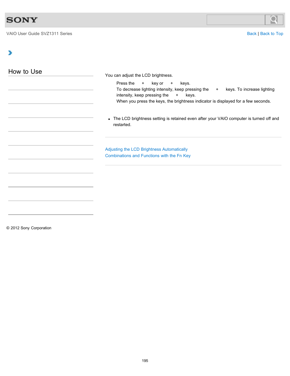 Changing the lcd brightness, Details, How to use | Sony SVZ13116GXX User Manual | Page 195 / 411