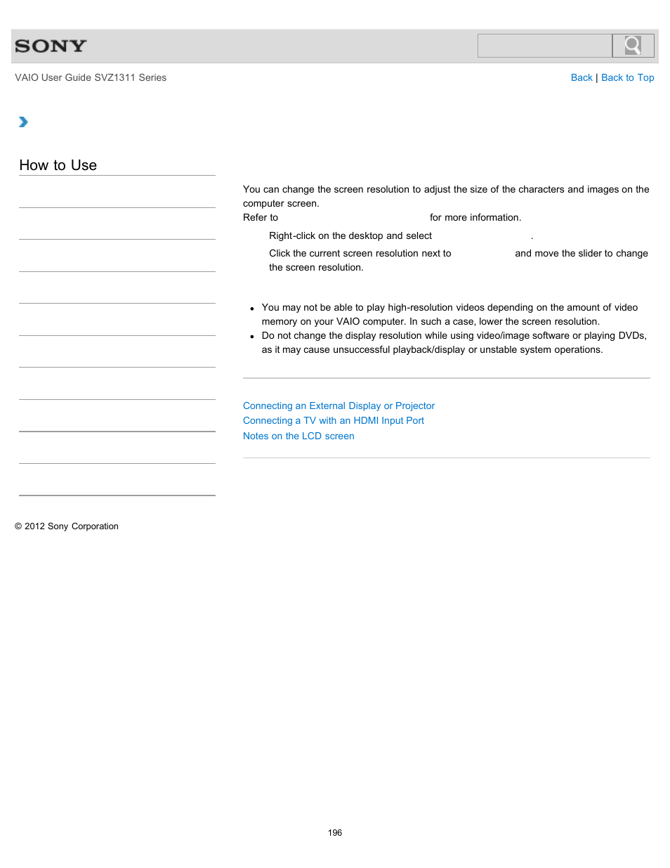 Changing the resolution (size) of the screen image, Details, How to use | Sony SVZ13116GXX User Manual | Page 196 / 411