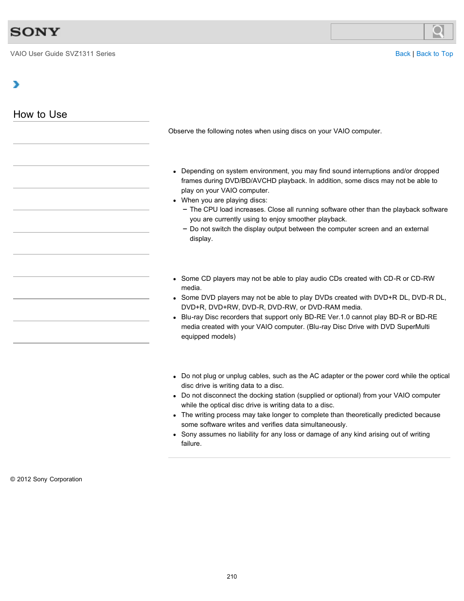 How to use | Sony SVZ13116GXX User Manual | Page 210 / 411