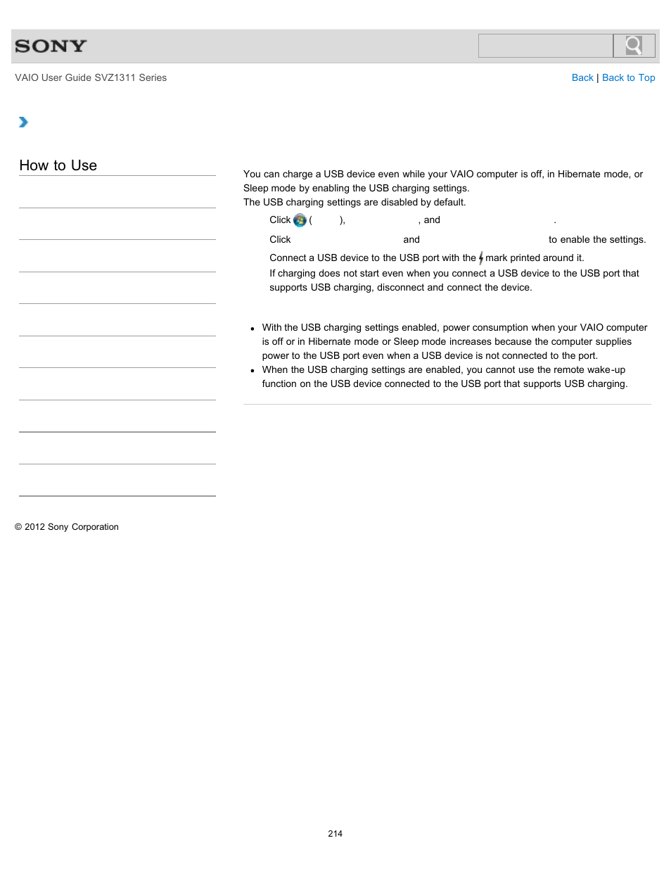 Charging a usb device, Details, How to use | Sony SVZ13116GXX User Manual | Page 214 / 411