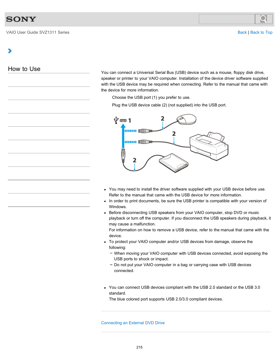 Connecting a usb device, Details, How to use | Sony SVZ13116GXX User Manual | Page 215 / 411