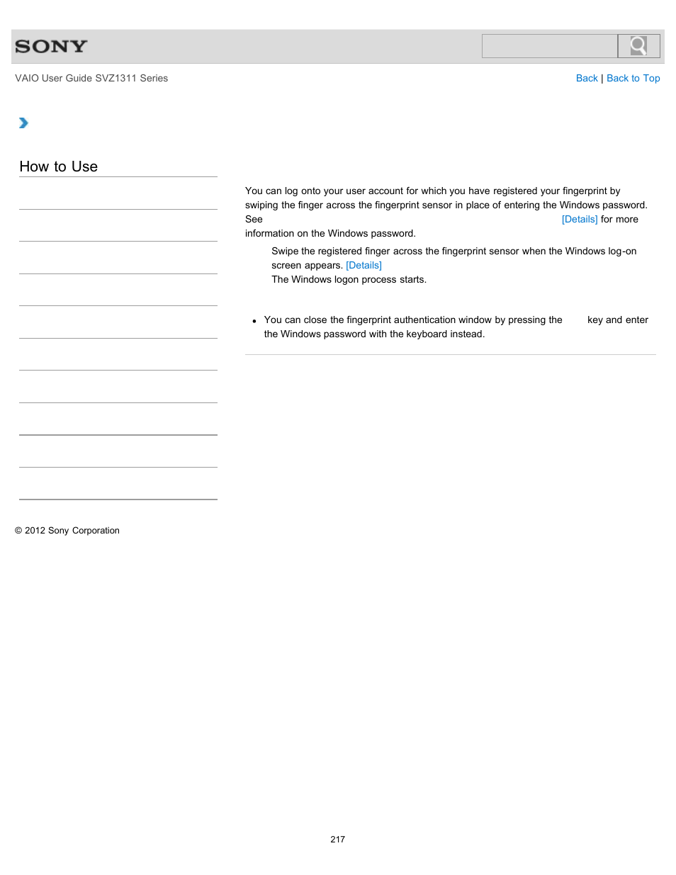 How to use | Sony SVZ13116GXX User Manual | Page 217 / 411