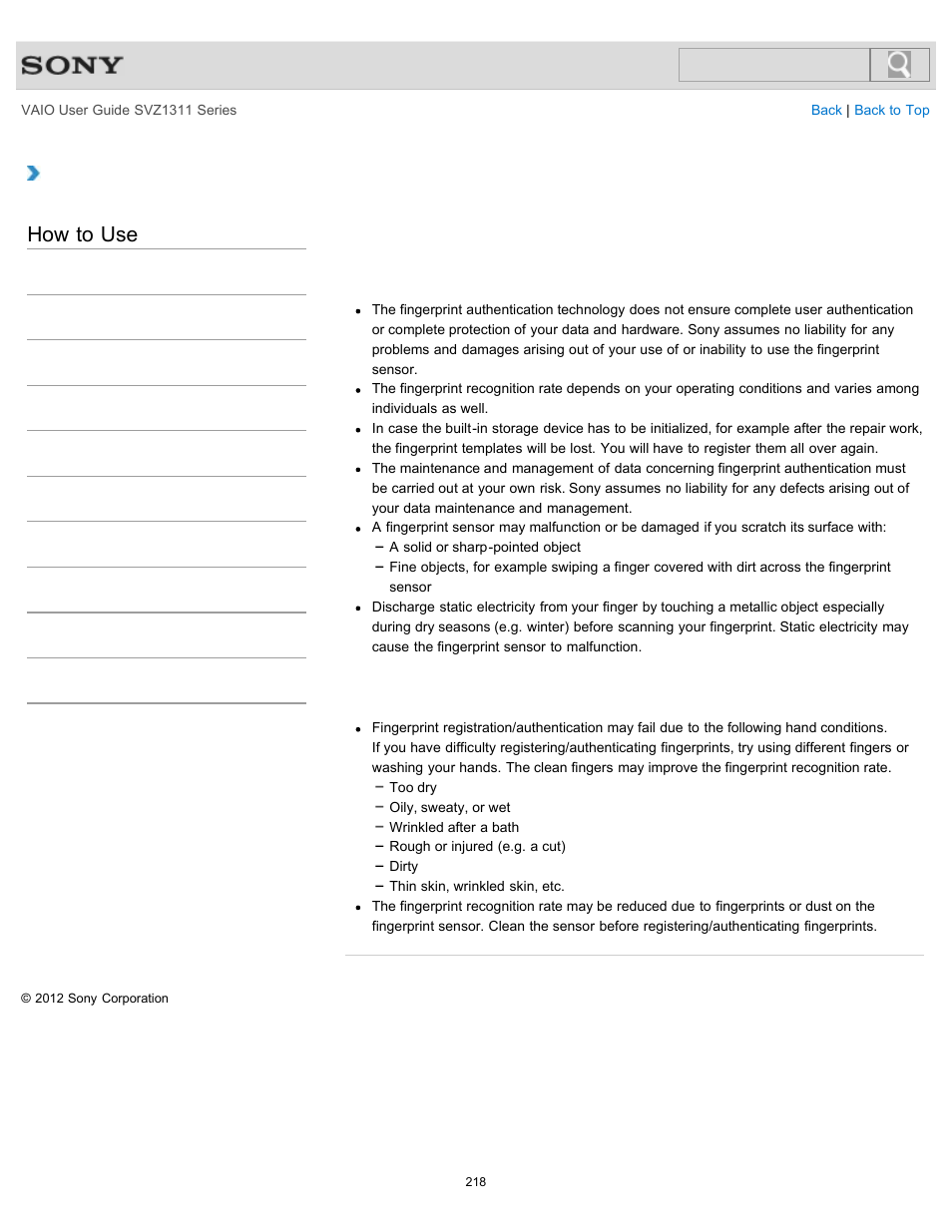 How to use | Sony SVZ13116GXX User Manual | Page 218 / 411