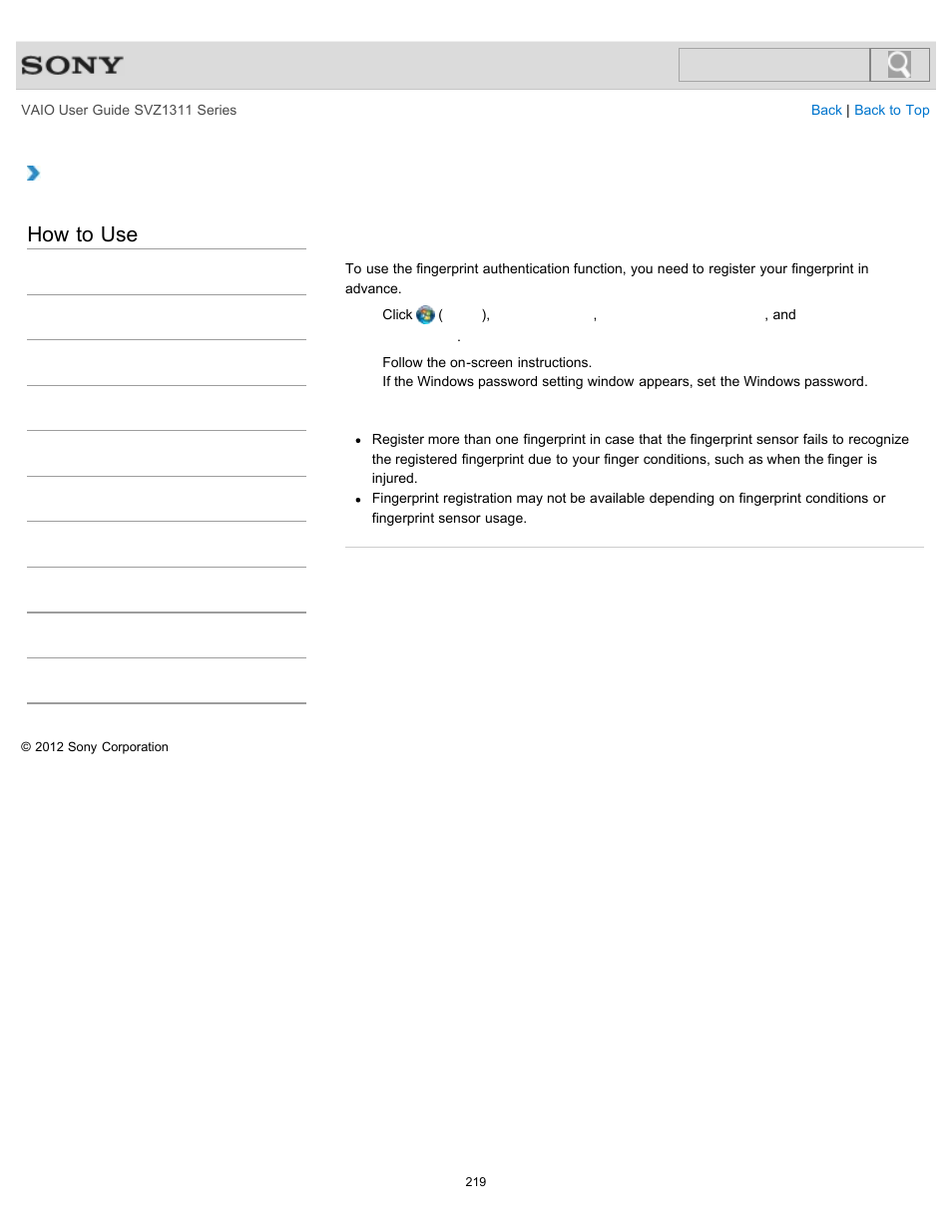 How to use | Sony SVZ13116GXX User Manual | Page 219 / 411