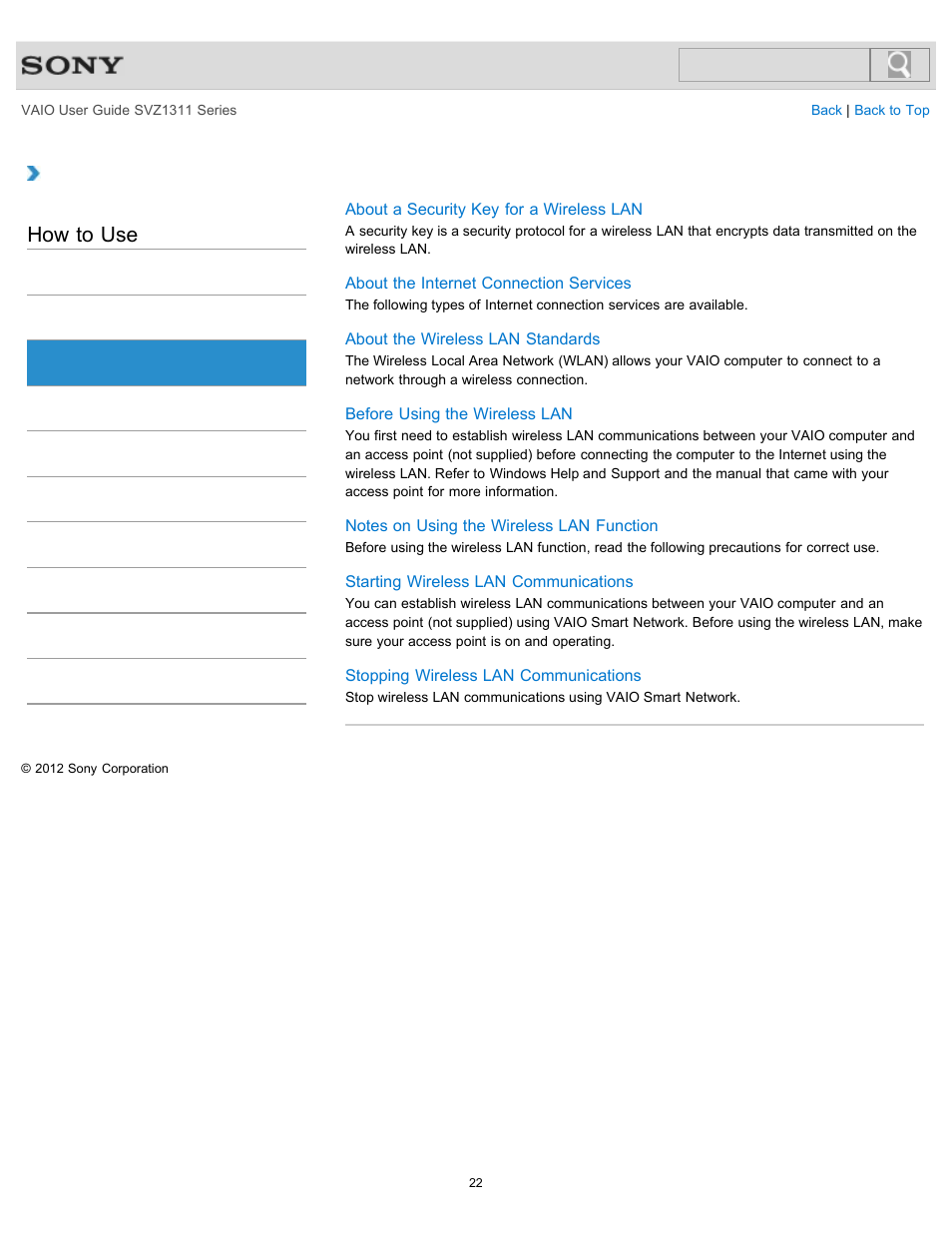Wireless lan, How to use | Sony SVZ13116GXX User Manual | Page 22 / 411