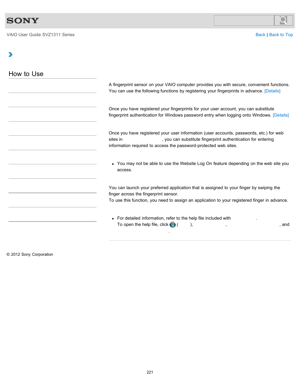 How to use | Sony SVZ13116GXX User Manual | Page 221 / 411