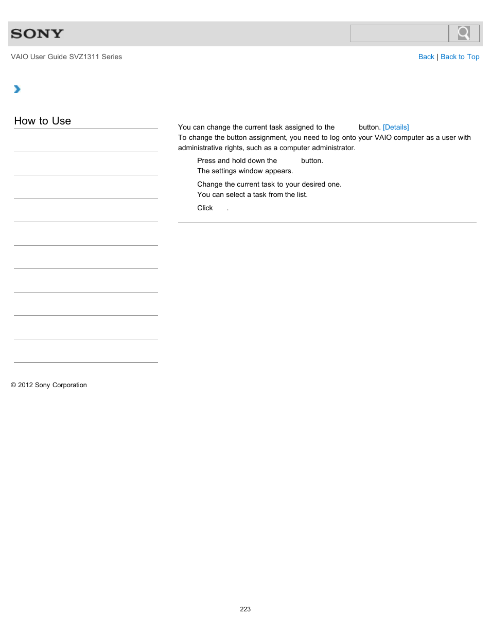 Changing the button assignment (vaio button), Details, How to use | Sony SVZ13116GXX User Manual | Page 223 / 411