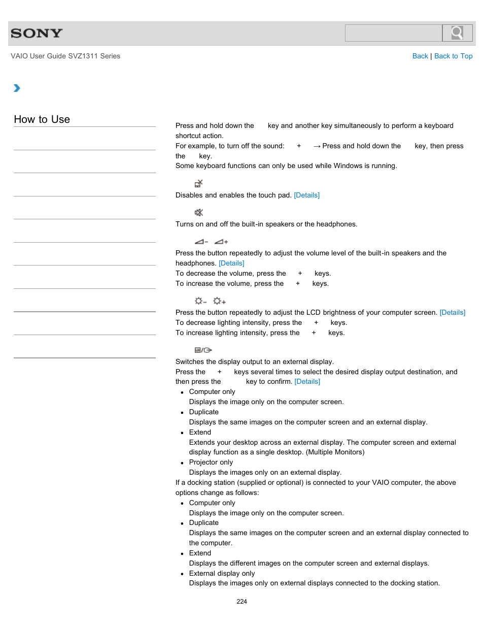 Combinations and functions with the fn key, How to use | Sony SVZ13116GXX User Manual | Page 224 / 411