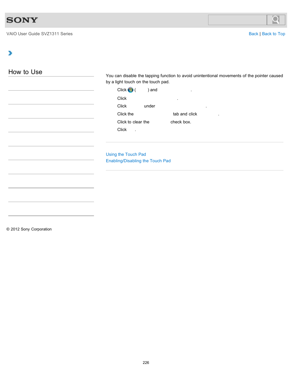 Disabling the tapping function on the touch pad, How to use | Sony SVZ13116GXX User Manual | Page 226 / 411