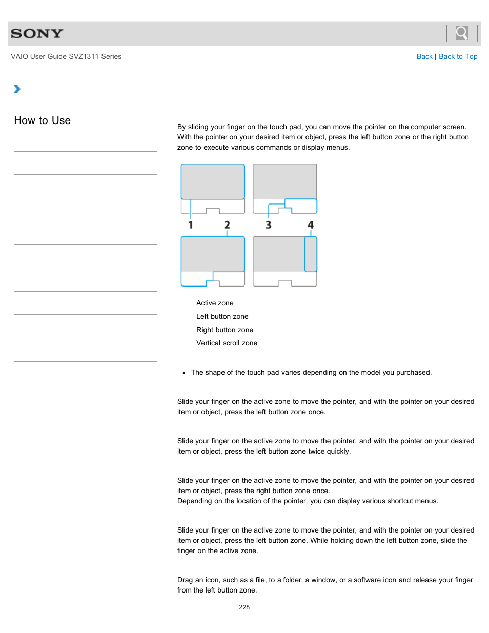 Using the touch pad, Details, How to use | Sony SVZ13116GXX User Manual | Page 228 / 411