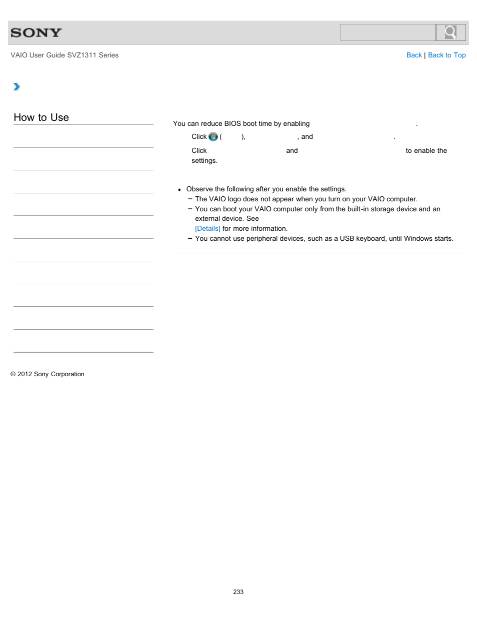 Reducing bios boot time, How to use | Sony SVZ13116GXX User Manual | Page 233 / 411