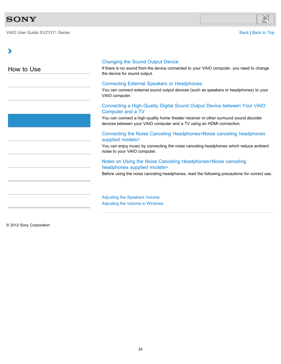 Audio, How to use | Sony SVZ13116GXX User Manual | Page 24 / 411