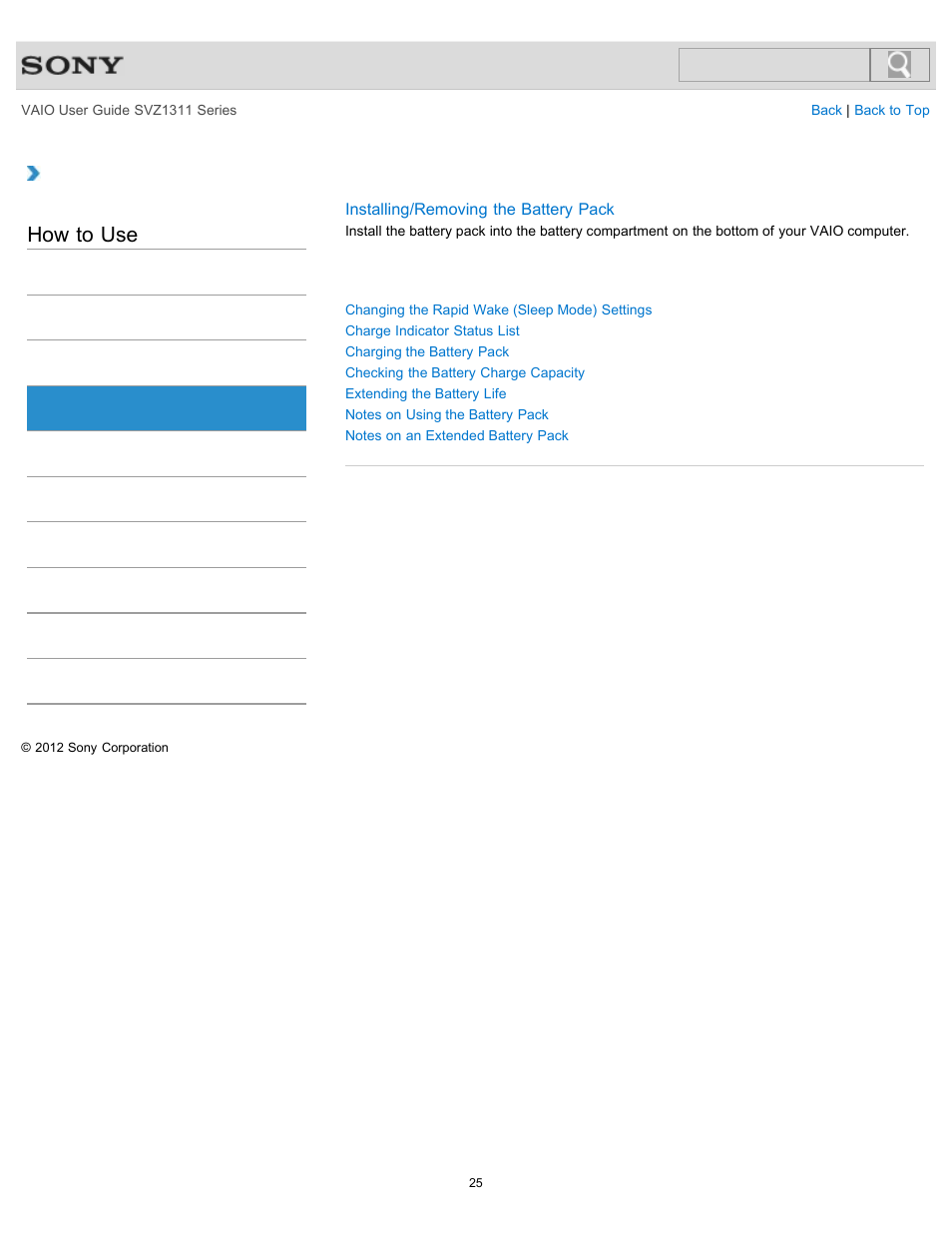 Battery, How to use | Sony SVZ13116GXX User Manual | Page 25 / 411