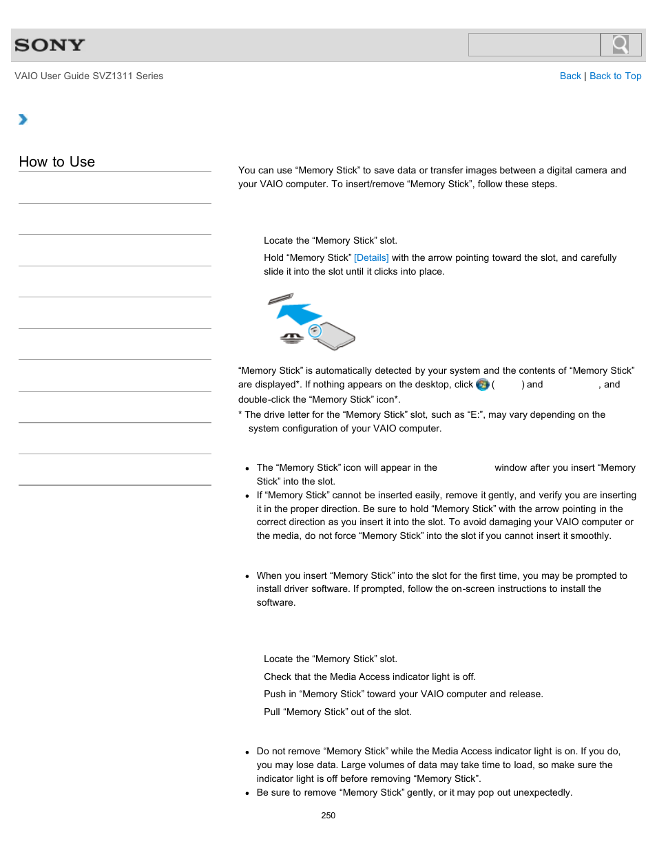Inserting/removing “memory stick, Details, How to use | Sony SVZ13116GXX User Manual | Page 250 / 411