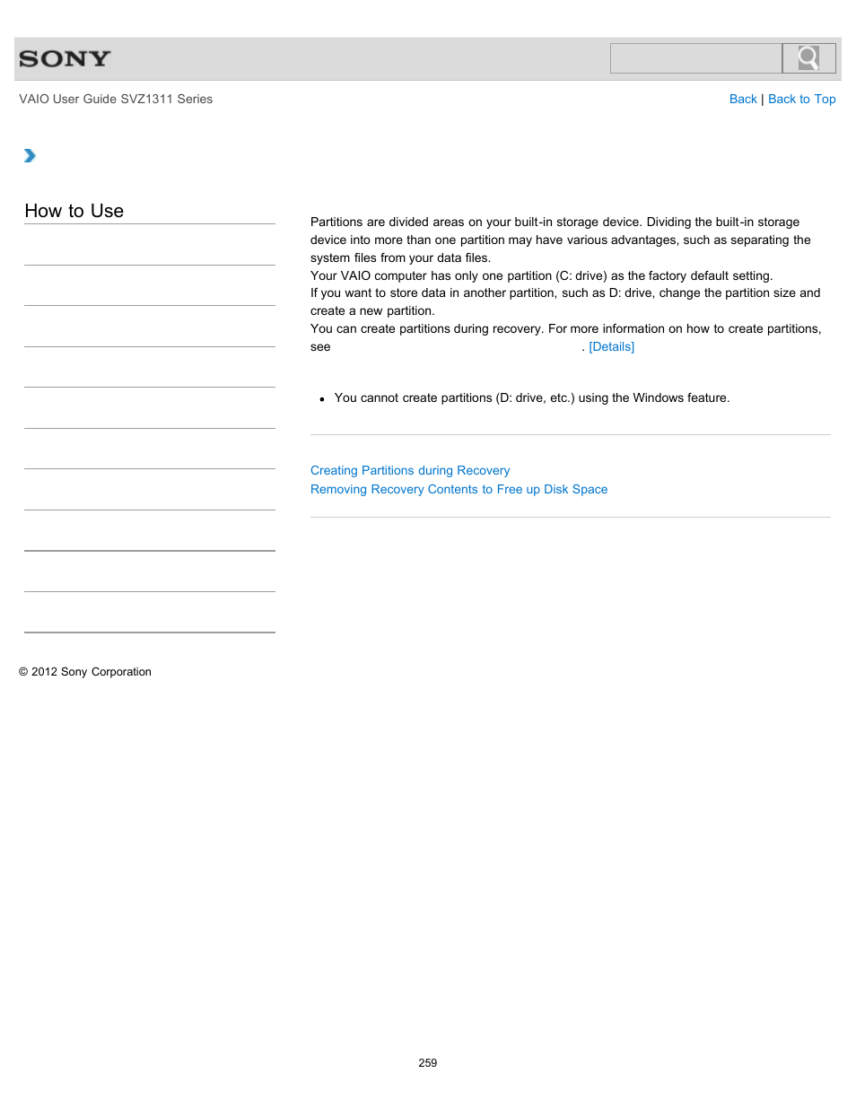 Creating other drives (modifying partitions), How to use | Sony SVZ13116GXX User Manual | Page 259 / 411