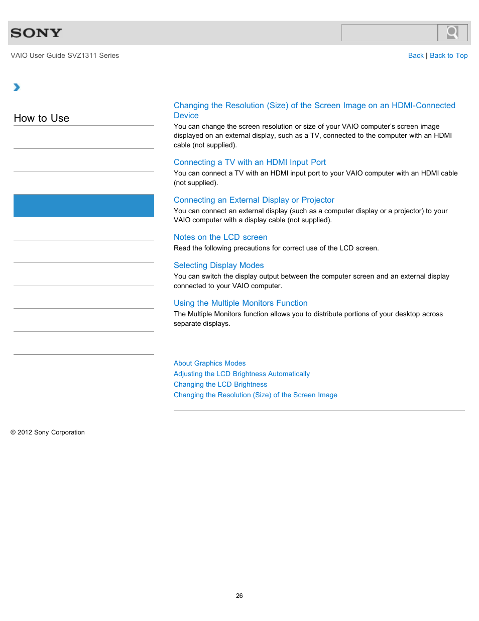 Display, How to use | Sony SVZ13116GXX User Manual | Page 26 / 411