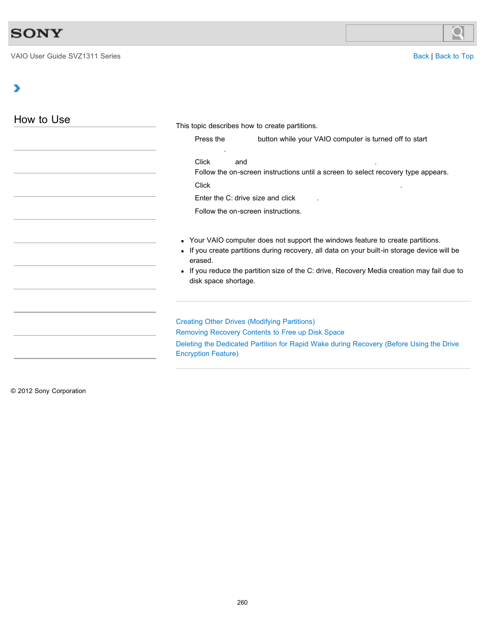Creating partitions during recovery, Details, How to use | Sony SVZ13116GXX User Manual | Page 260 / 411