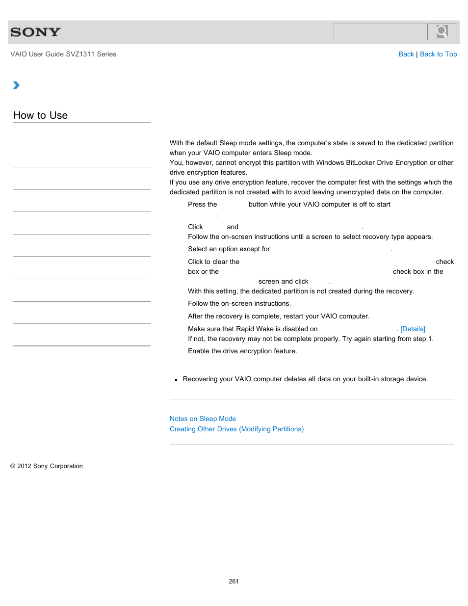 Using the drive encryption feature), Details, How to use | Sony SVZ13116GXX User Manual | Page 261 / 411