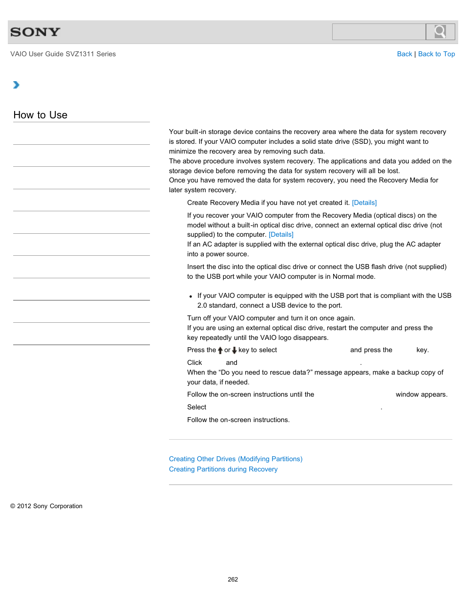 Removing recovery contents to free up disk space, How to use | Sony SVZ13116GXX User Manual | Page 262 / 411