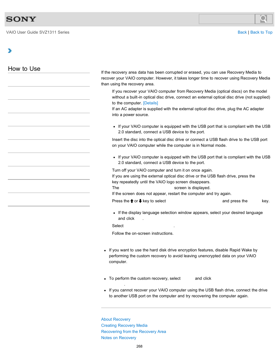 Recovering from recovery media, How to use | Sony SVZ13116GXX User Manual | Page 268 / 411