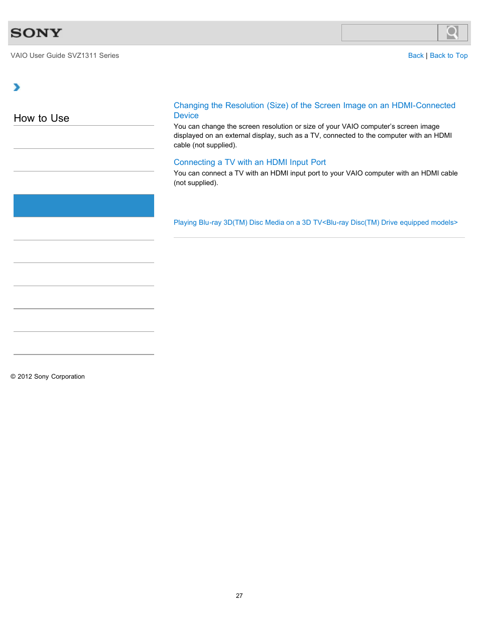 Hdmi, How to use | Sony SVZ13116GXX User Manual | Page 27 / 411