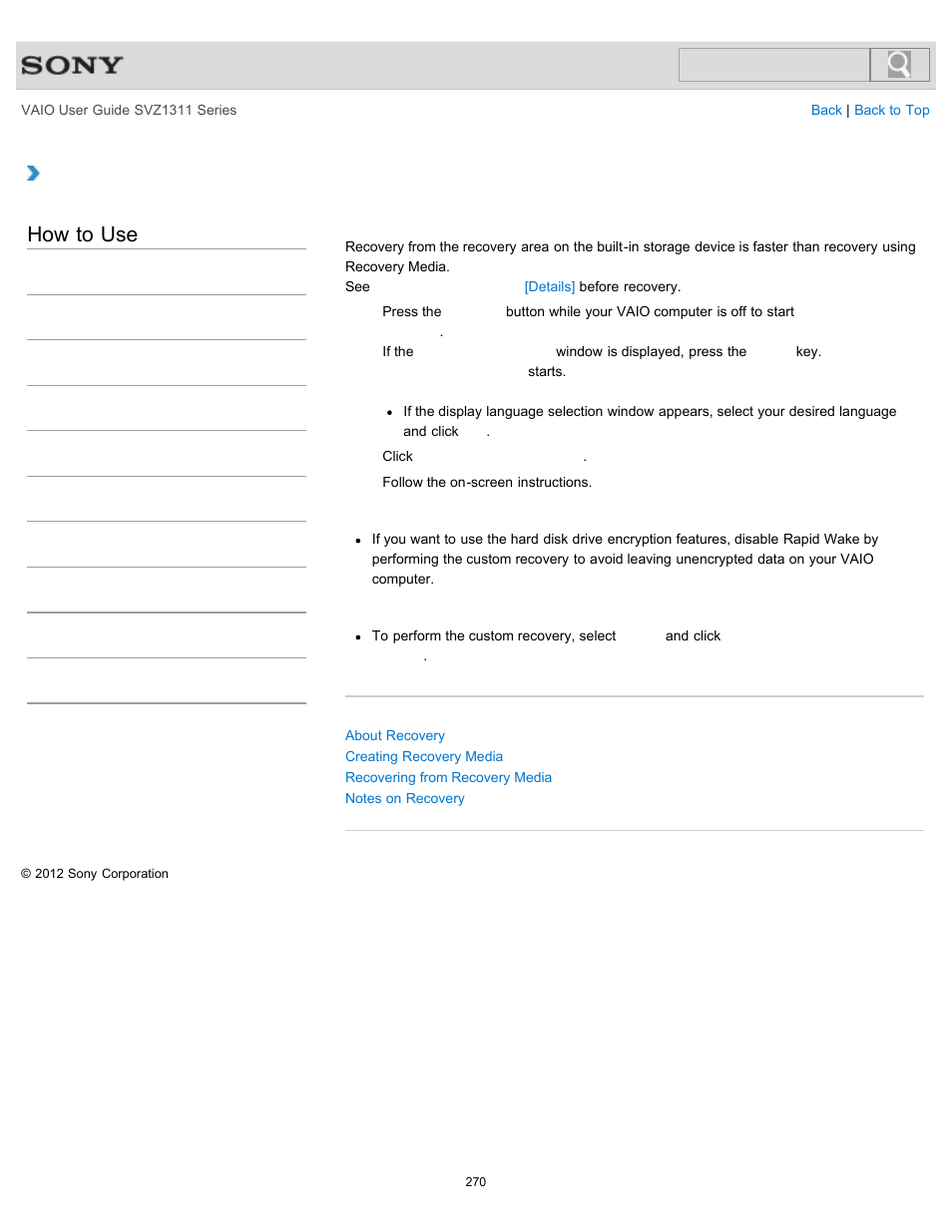 Recovering from the recovery area, Details, How to use | Sony SVZ13116GXX User Manual | Page 270 / 411