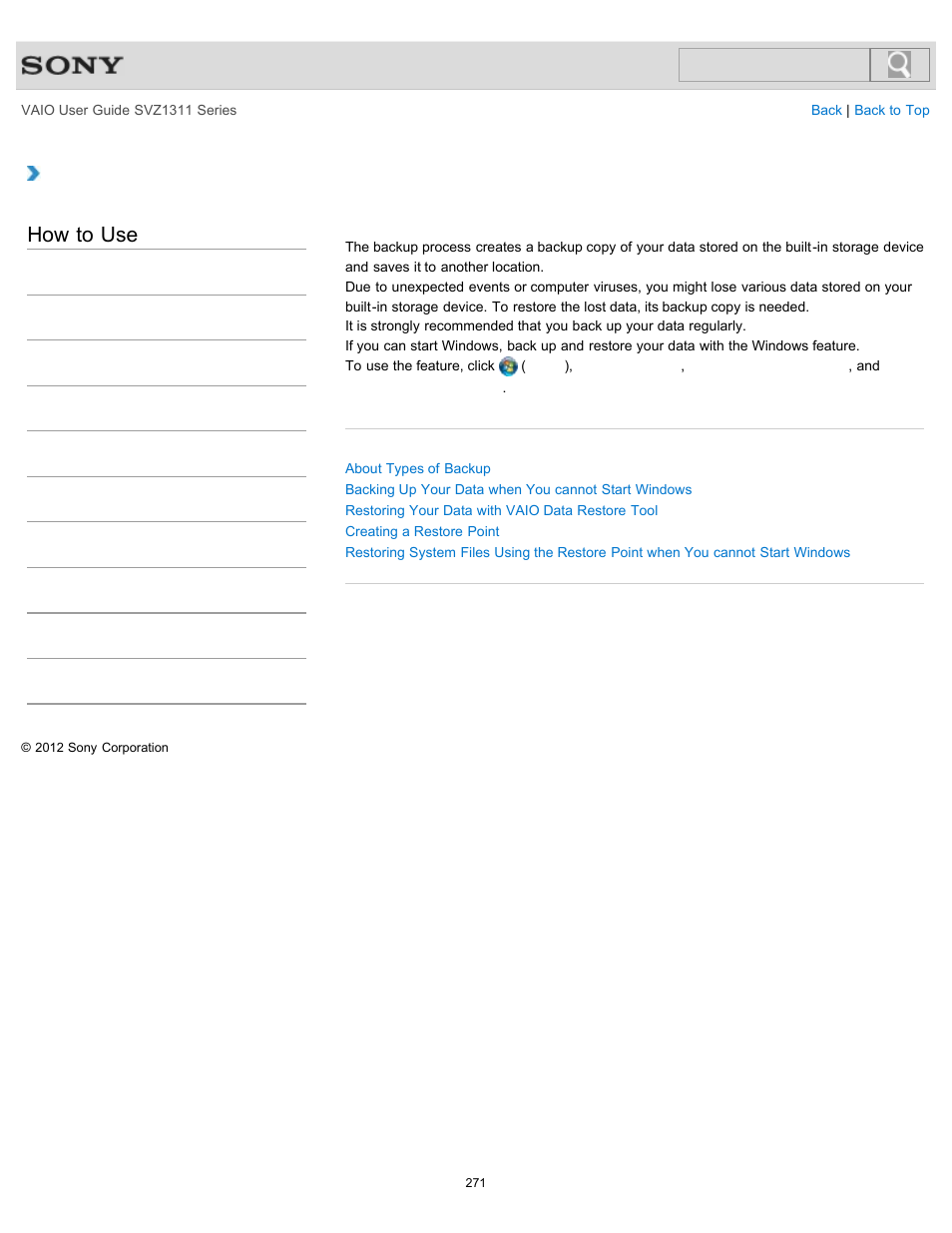 About backup, How to use | Sony SVZ13116GXX User Manual | Page 271 / 411