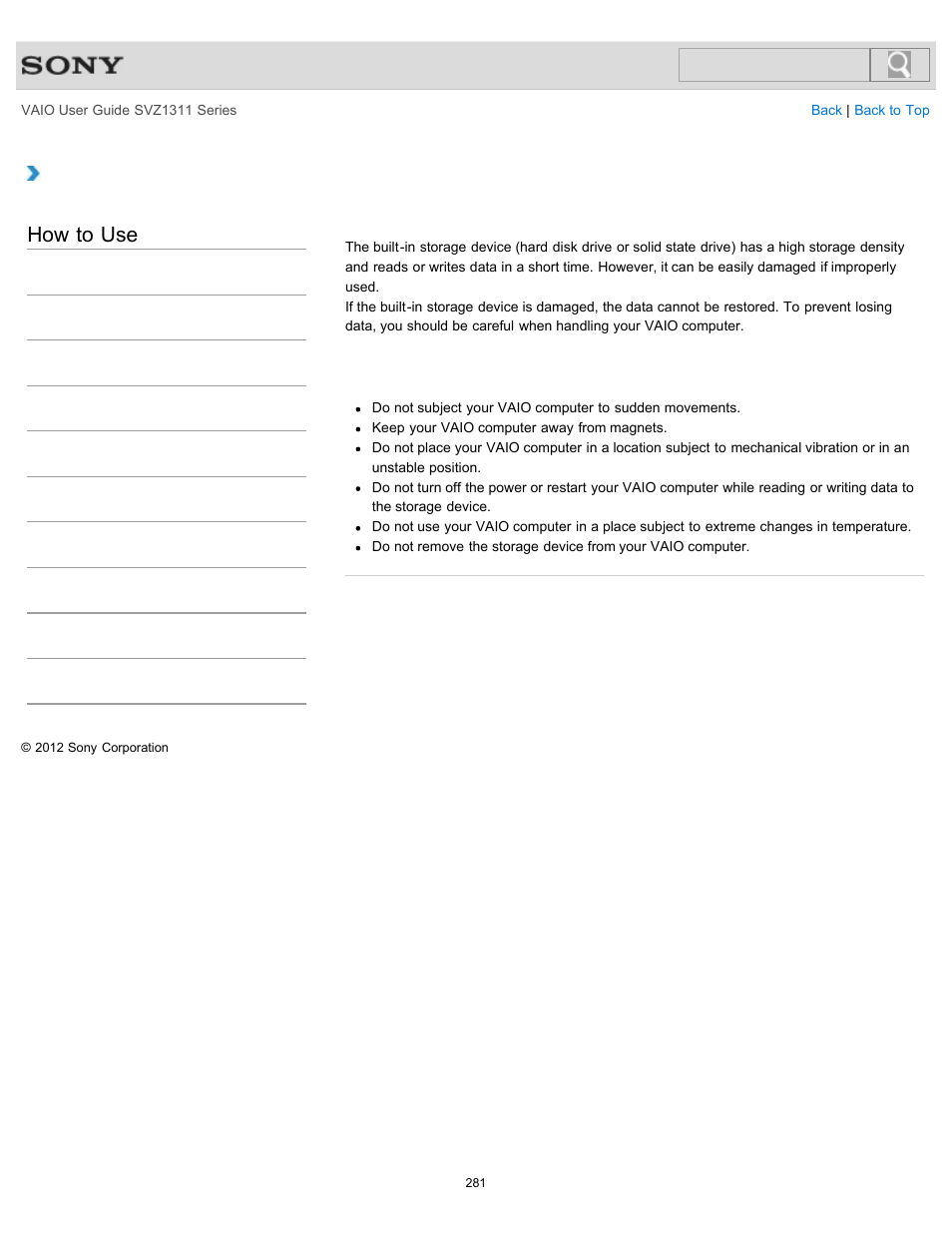 Handling the built-in storage device, How to use | Sony SVZ13116GXX User Manual | Page 281 / 411