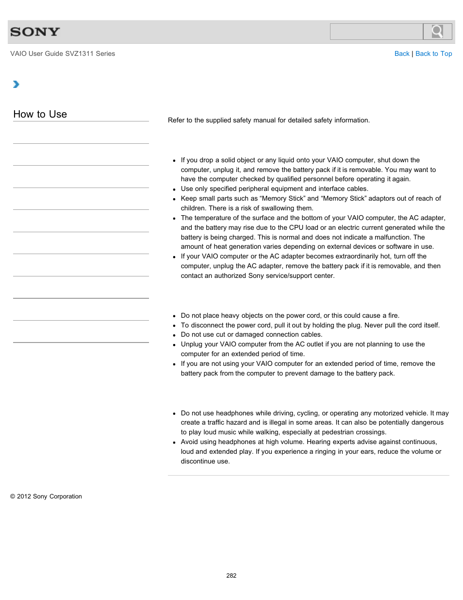 Safety information, How to use | Sony SVZ13116GXX User Manual | Page 282 / 411