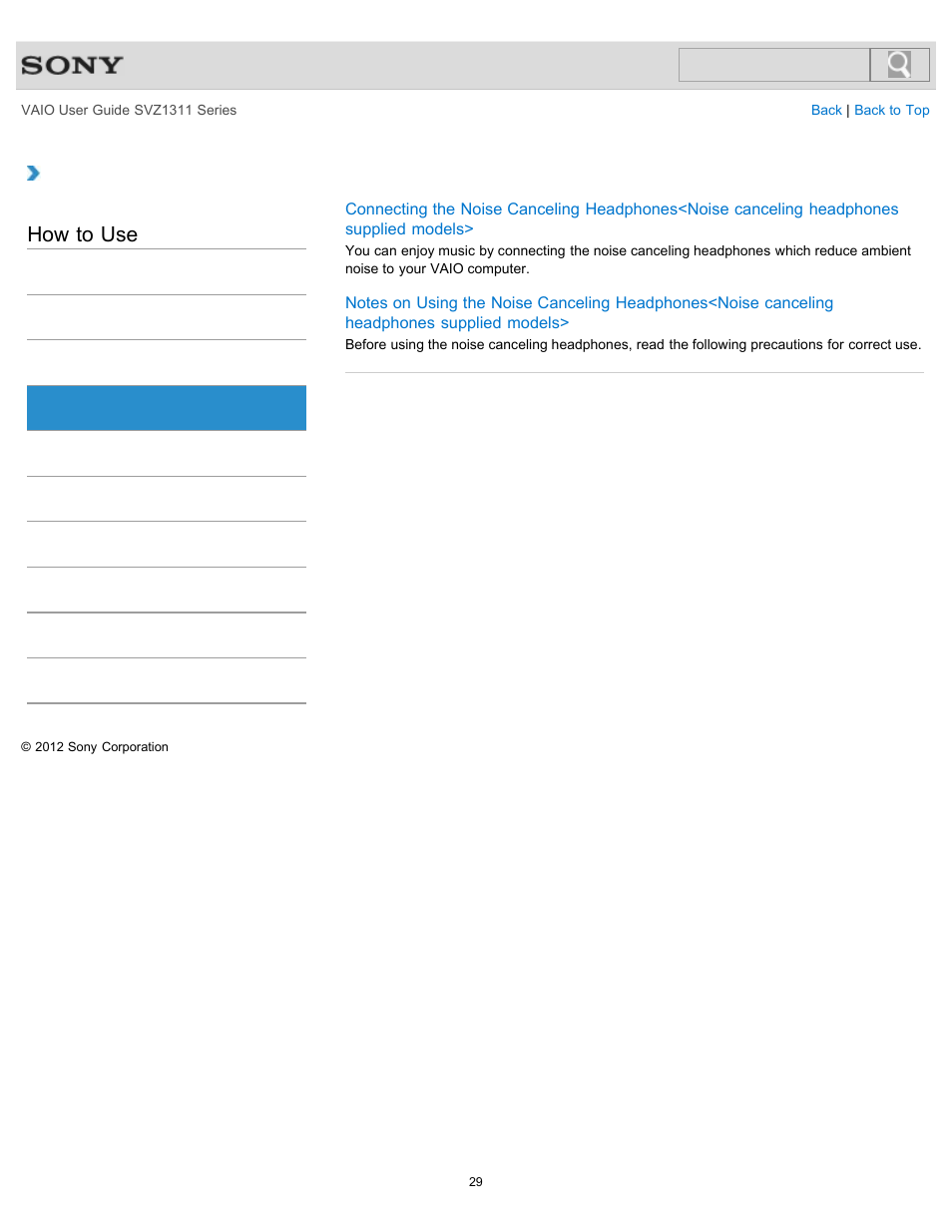 Noise canceling headphones, How to use | Sony SVZ13116GXX User Manual | Page 29 / 411