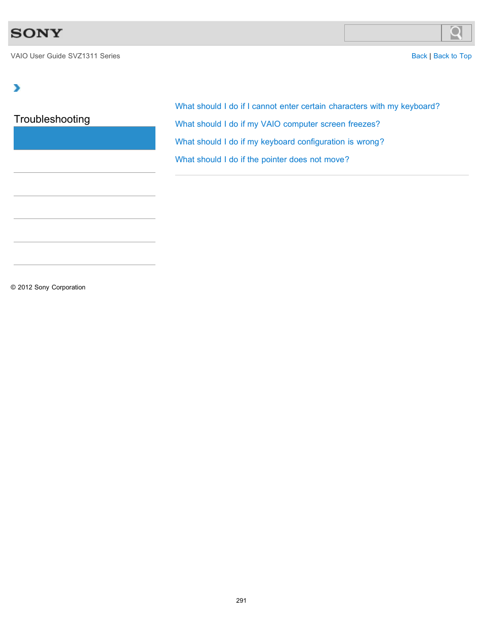 Keyboard, Troubleshooting | Sony SVZ13116GXX User Manual | Page 291 / 411