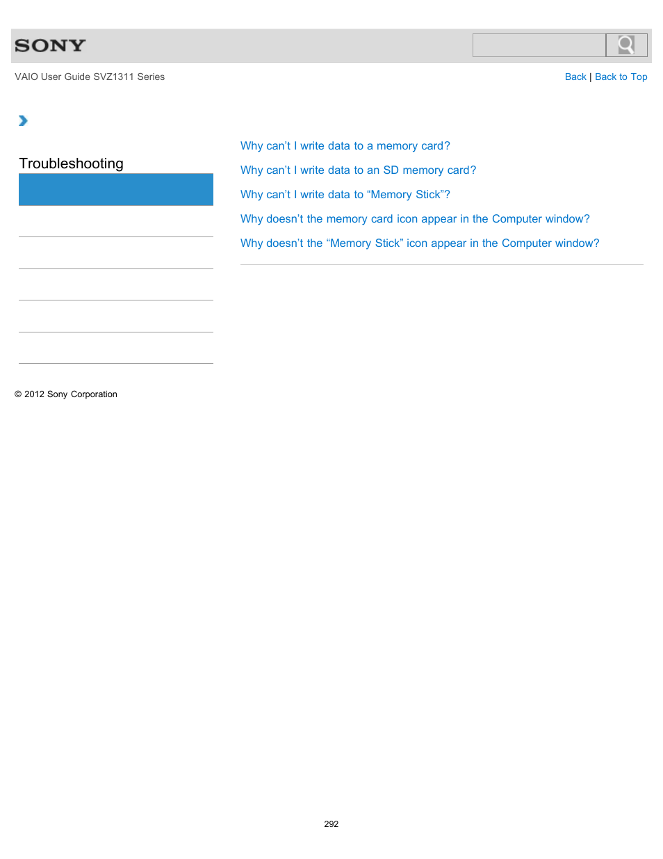 Memory card, Troubleshooting | Sony SVZ13116GXX User Manual | Page 292 / 411